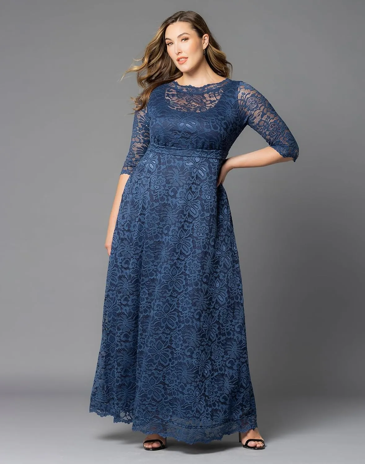 Kiyonna Women’s Plus Size Leona Lace Gown, Maxi Dress Formal Evening Ball Gown with Side Pockets for Wedding Guest
