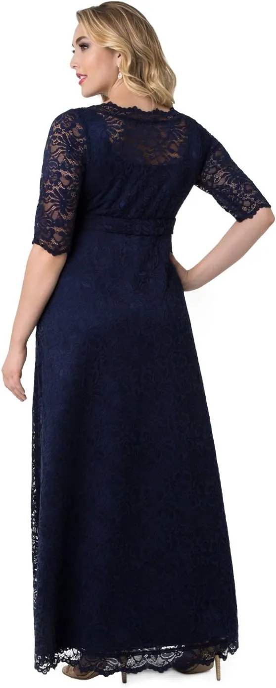 Kiyonna Women’s Plus Size Leona Lace Gown, Maxi Dress Formal Evening Ball Gown with Side Pockets for Wedding Guest