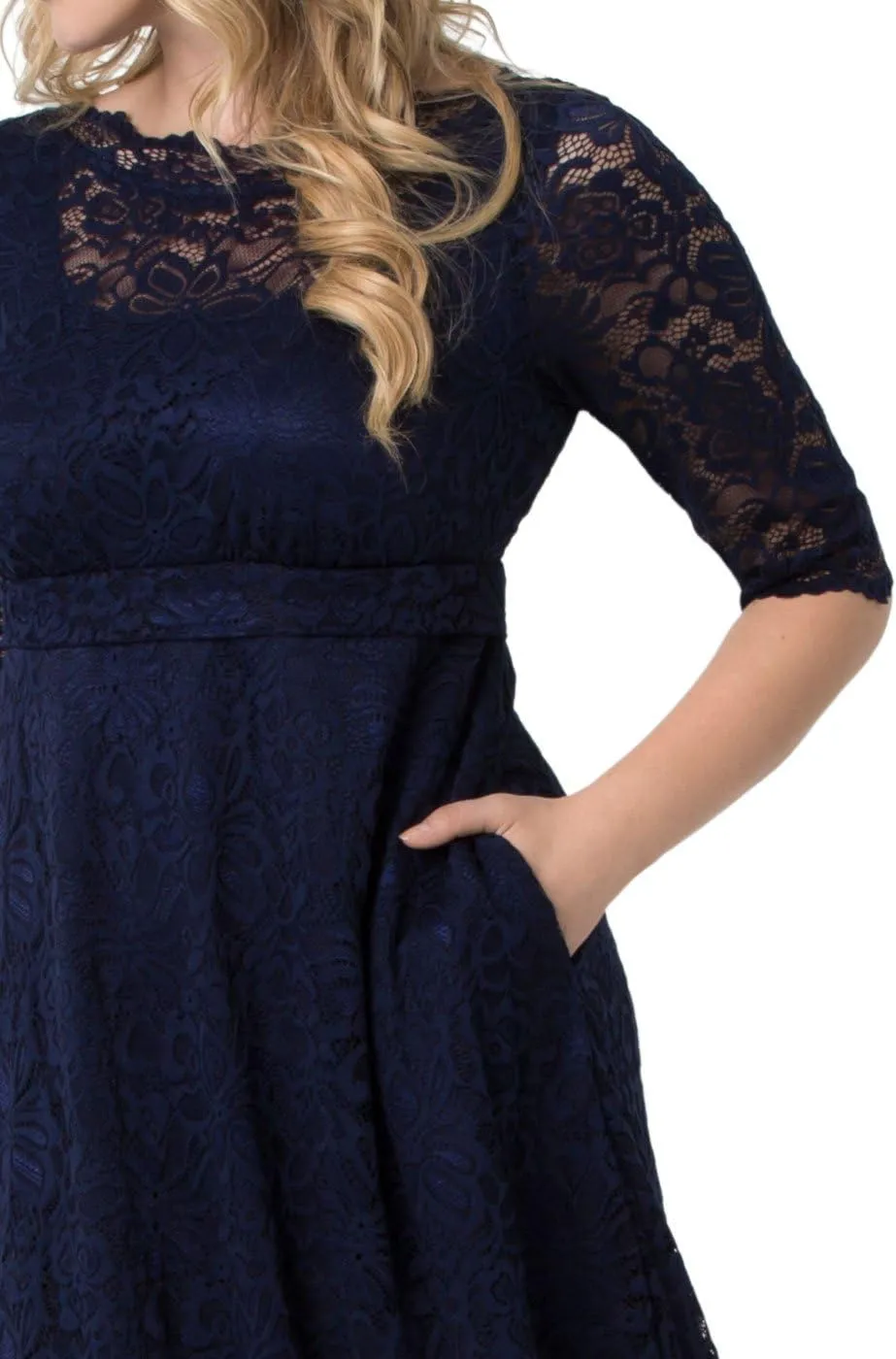 Kiyonna Women’s Plus Size Leona Lace Gown, Maxi Dress Formal Evening Ball Gown with Side Pockets for Wedding Guest