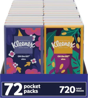 Kleenex On-The-Go Facial Tissues, 72 On-The-Go Packs (3 Trays of 24 Packs), 10 Tissues per Box (720 Total), 3-Ply, Packaging May Vary