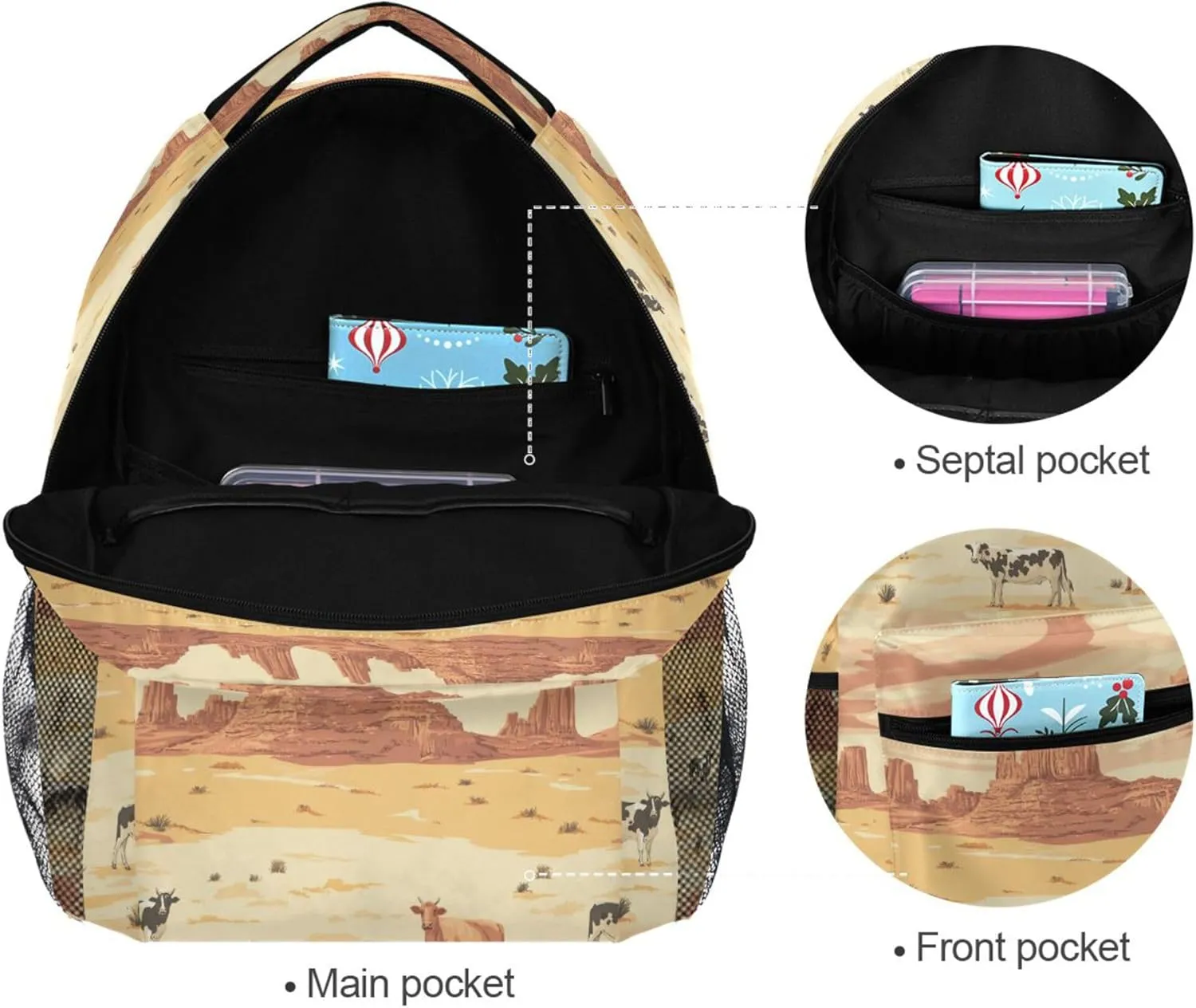 KLL Backpacks for Teacher Nurse Fashion Stylish Travel Bags with Chest Strap for Business Work College Travel Trip Western Cowboy Cow Vast Desert