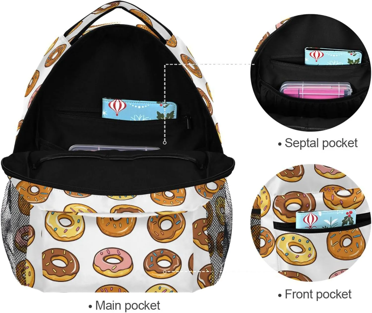 KLL Backpacks for Teens Boys Girls Fashion College School Computer Bag with Chest Strap for Travel Trip Donuts
