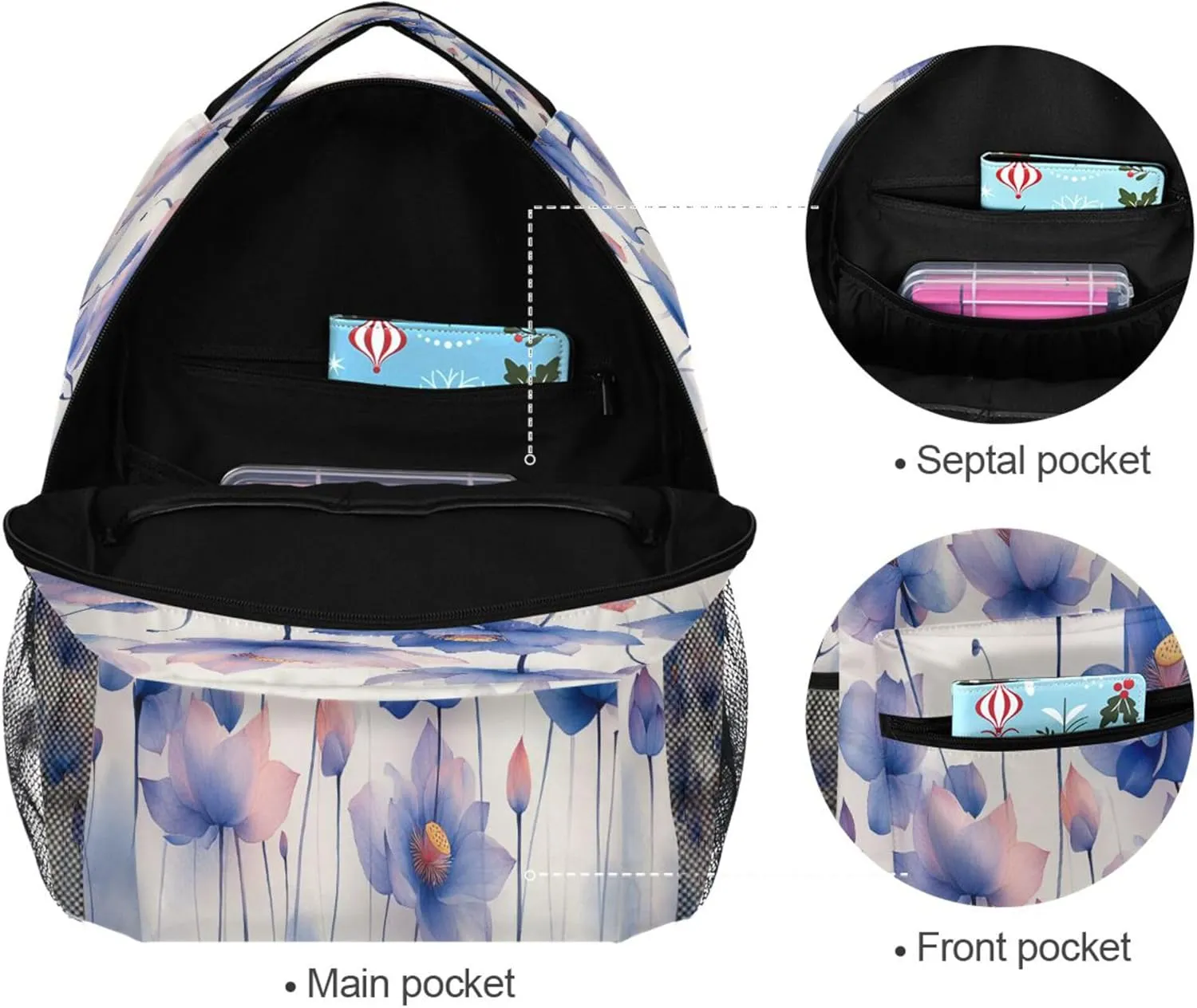 KLL Cool Backpacks for Women Men Waterproof School Bag with Chest Strap for Business Work College Travel Trip Pale Blue flower Flowers