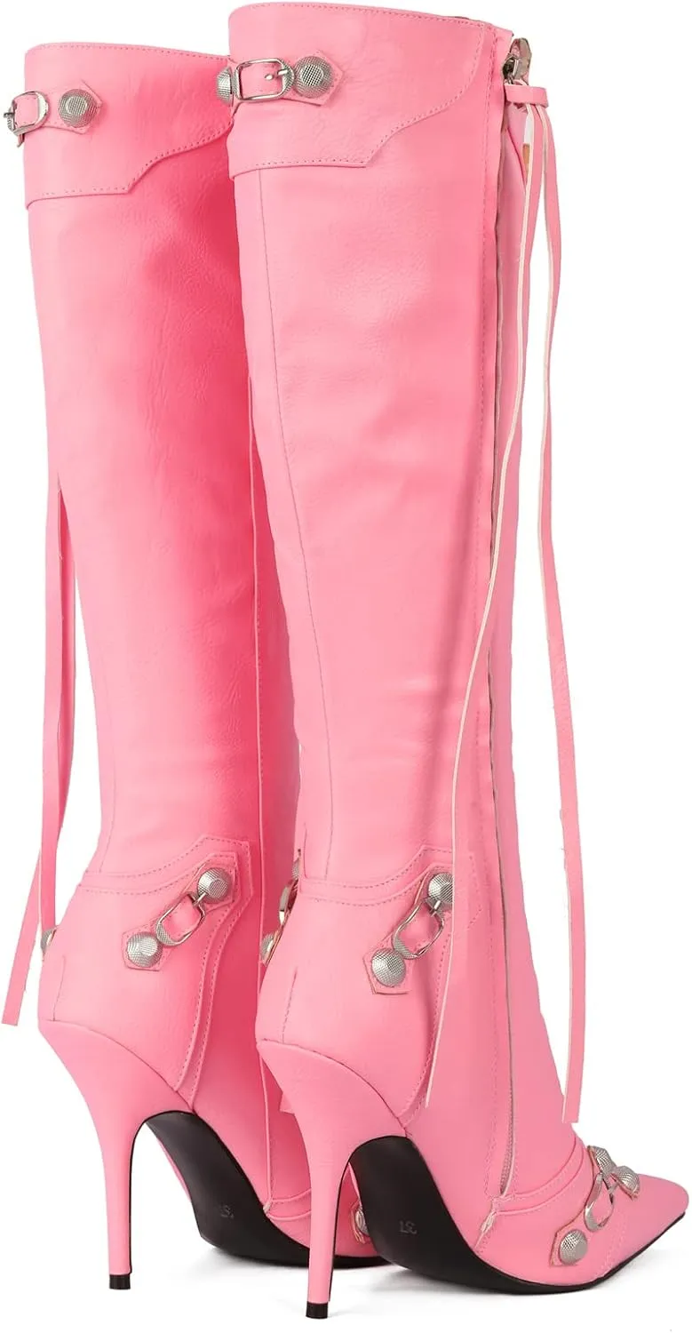 Kluolandi Women's Stiletto High Heel Knee High Boots with Tassel Pointy Toe Studded Zipper Booties Dress Shoes