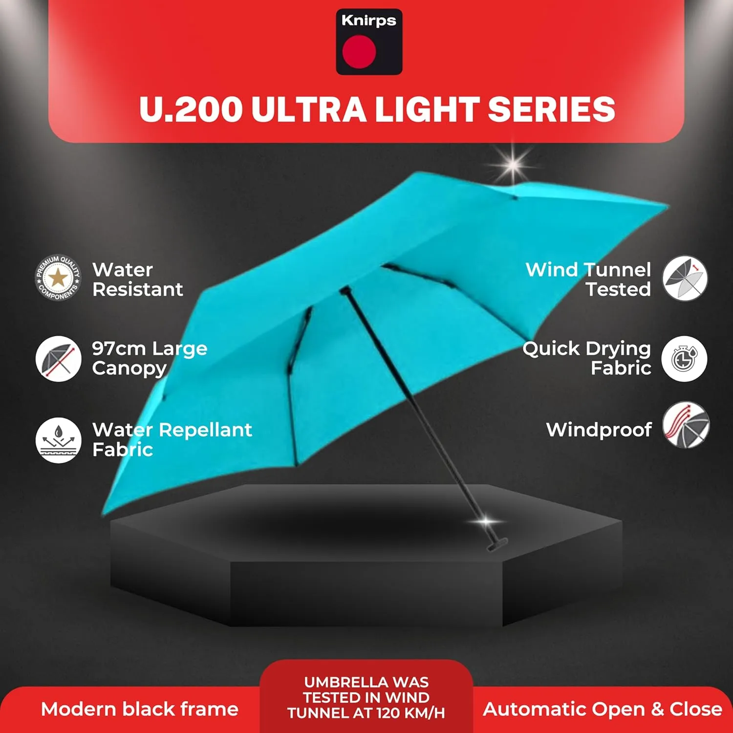 Knirps U.200 Ultra Light Duomatic Automatic Open Rain Umbrella - Compact Windproof Travel Umbrella for Adults - 97cm Diameter Retractable With Carrying Case