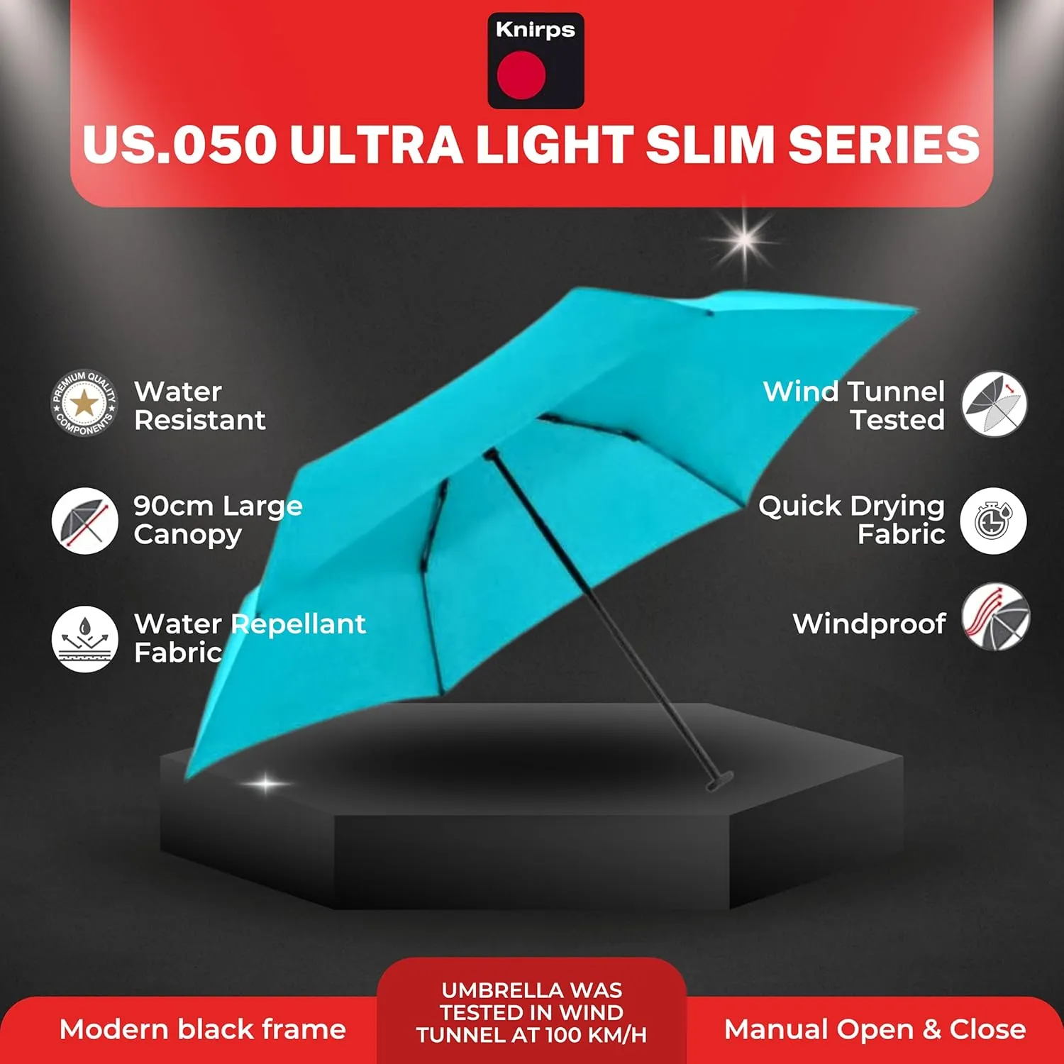 Knirps Ultra Light Slim Manual Open Rain Umbrella - Compact Travel Umbrella for Adults - Windproof, 90cm Diameter, Retractable with Carrying Case