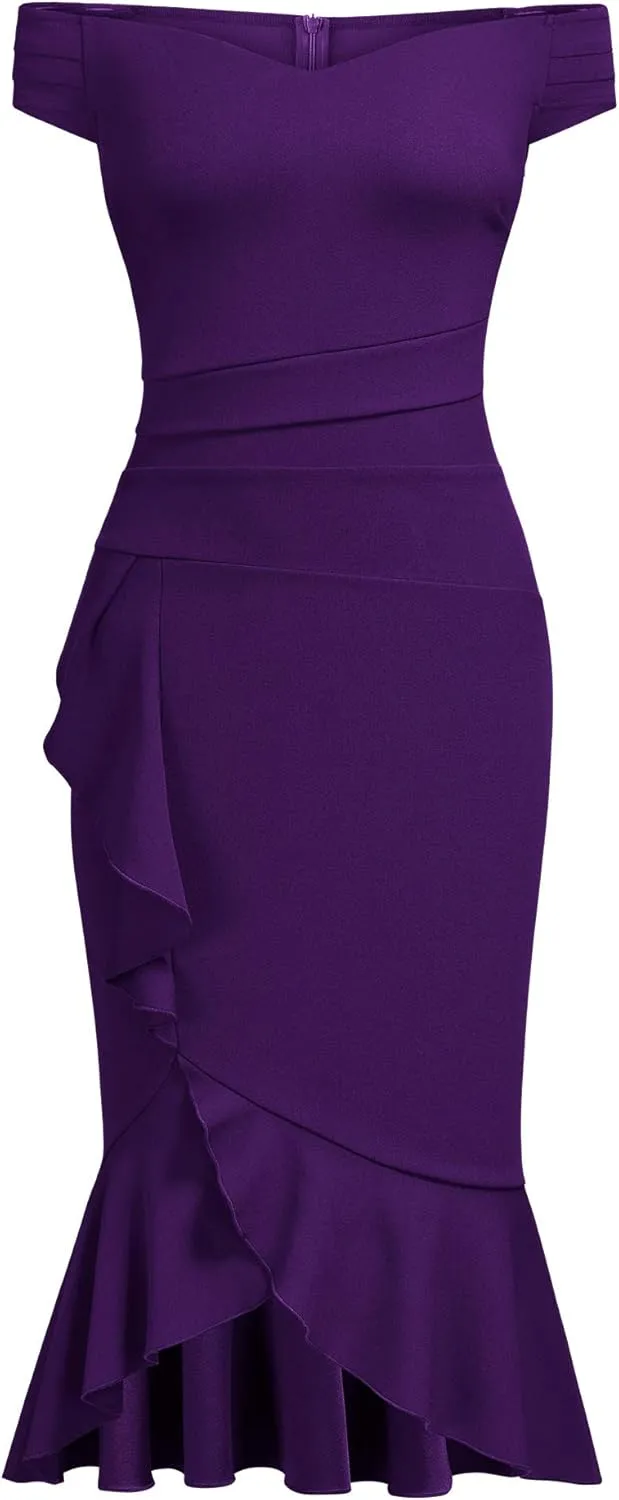 Knitee Women's Off Shoulder V-Neck Ruffle Pleat Waist Bodycon Evening Cocktail Slit Formal Dress