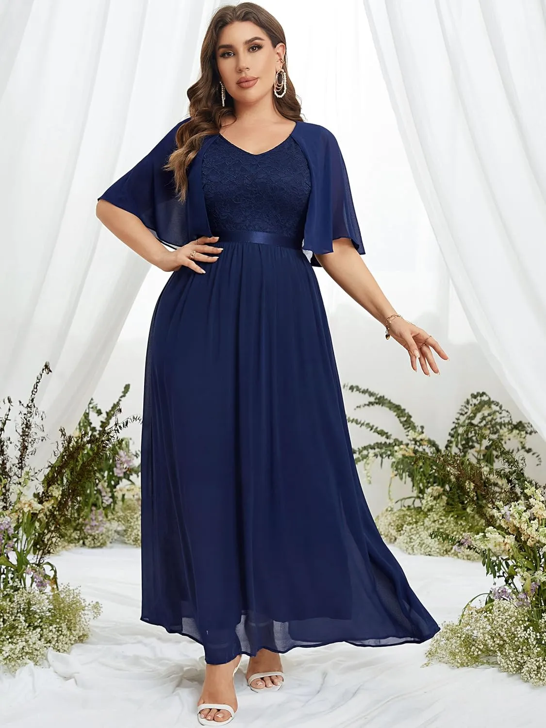 Knitee Women's Plus Size Half Sleeves Cape Dress Lace Chiffon V Neck Evening Party Maxi Dress