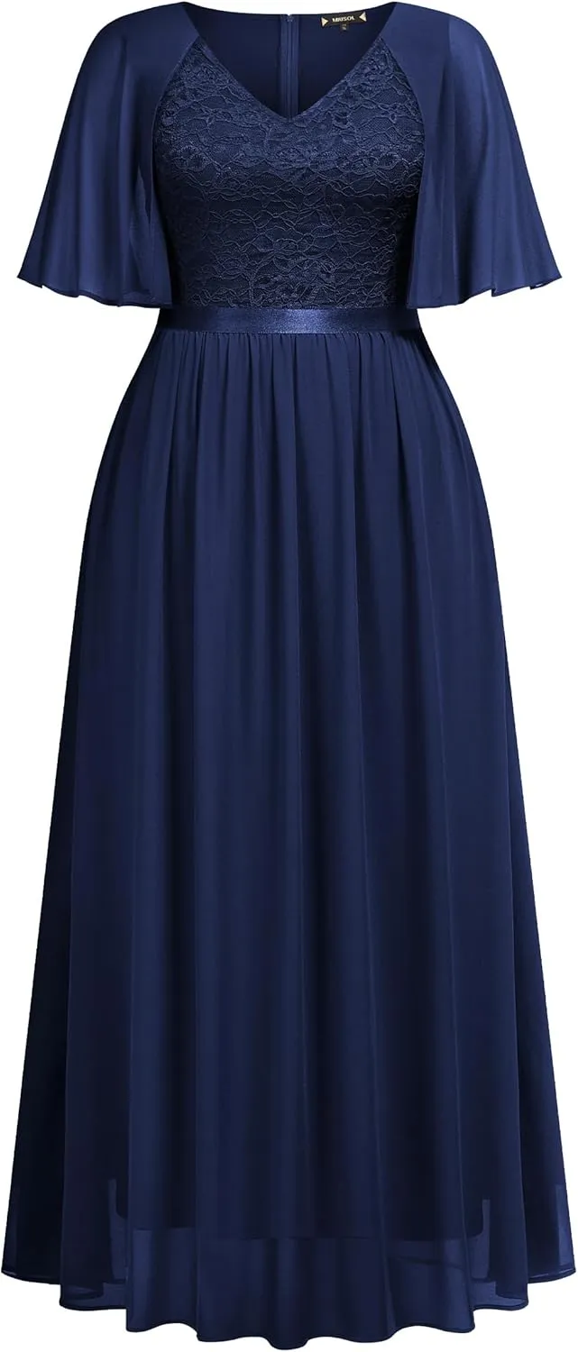 Knitee Women's Plus Size Half Sleeves Cape Dress Lace Chiffon V Neck Evening Party Maxi Dress