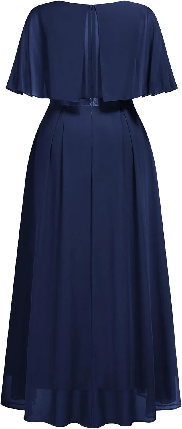 Knitee Women's Plus Size Half Sleeves Cape Dress Lace Chiffon V Neck Evening Party Maxi Dress