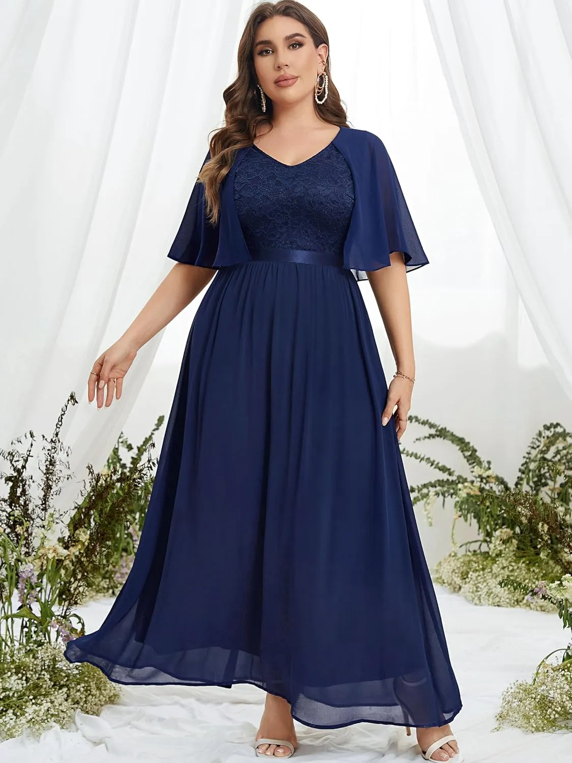 Knitee Women's Plus Size Half Sleeves Cape Dress Lace Chiffon V Neck Evening Party Maxi Dress