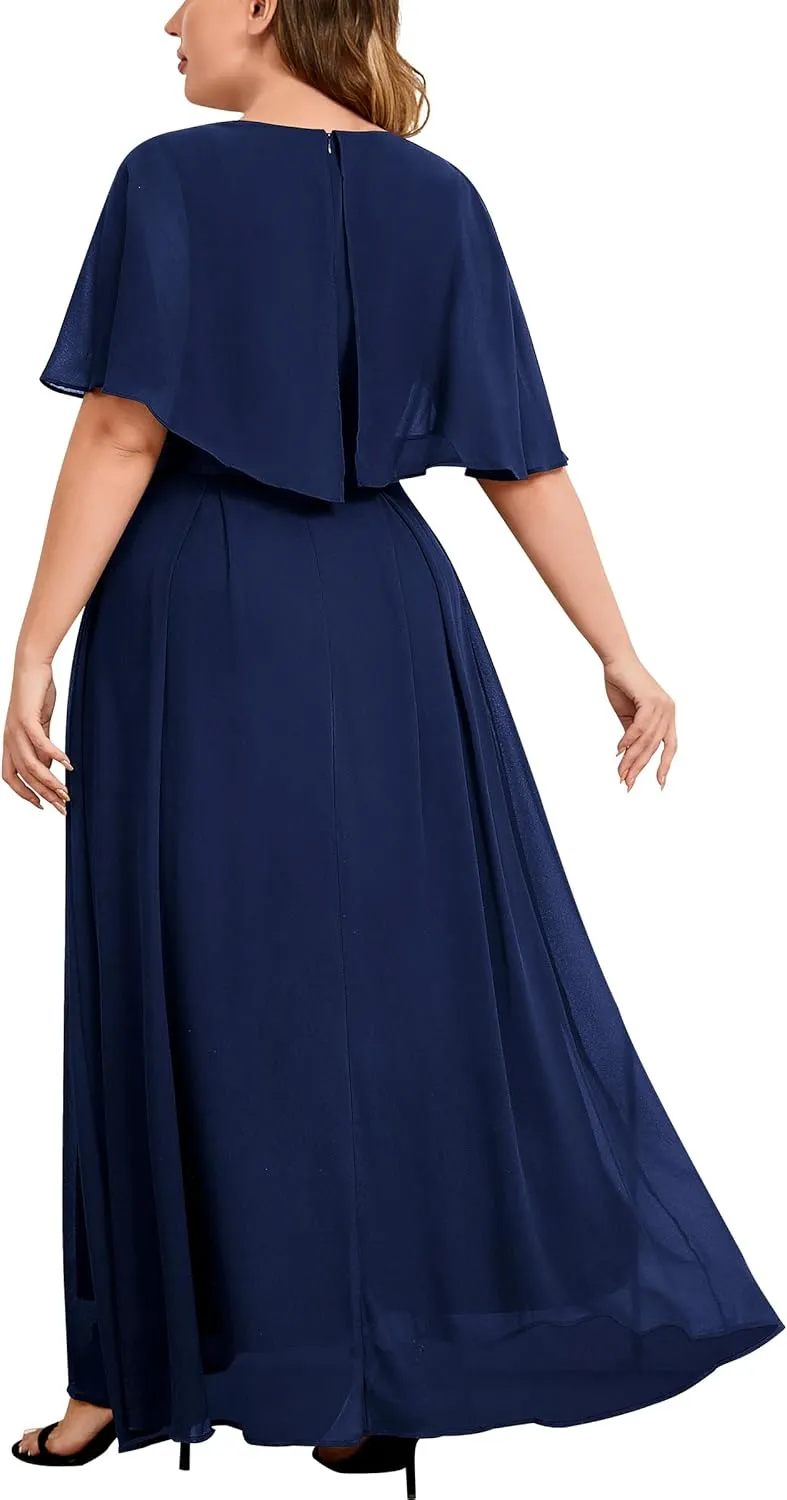 Knitee Women's Plus Size Half Sleeves Cape Dress Lace Chiffon V Neck Evening Party Maxi Dress