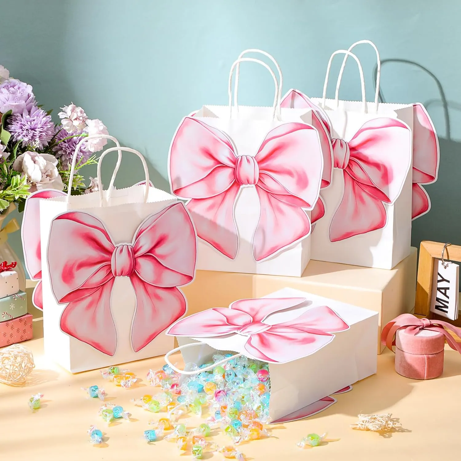 Kolldenn 24 Pack Pink Bow Party Favor Bags with 48 Pcs Paper Cards and Handles for Women Birthday Party, Gift Goody Treat Candy Bags for Bridal Engagement Supplies