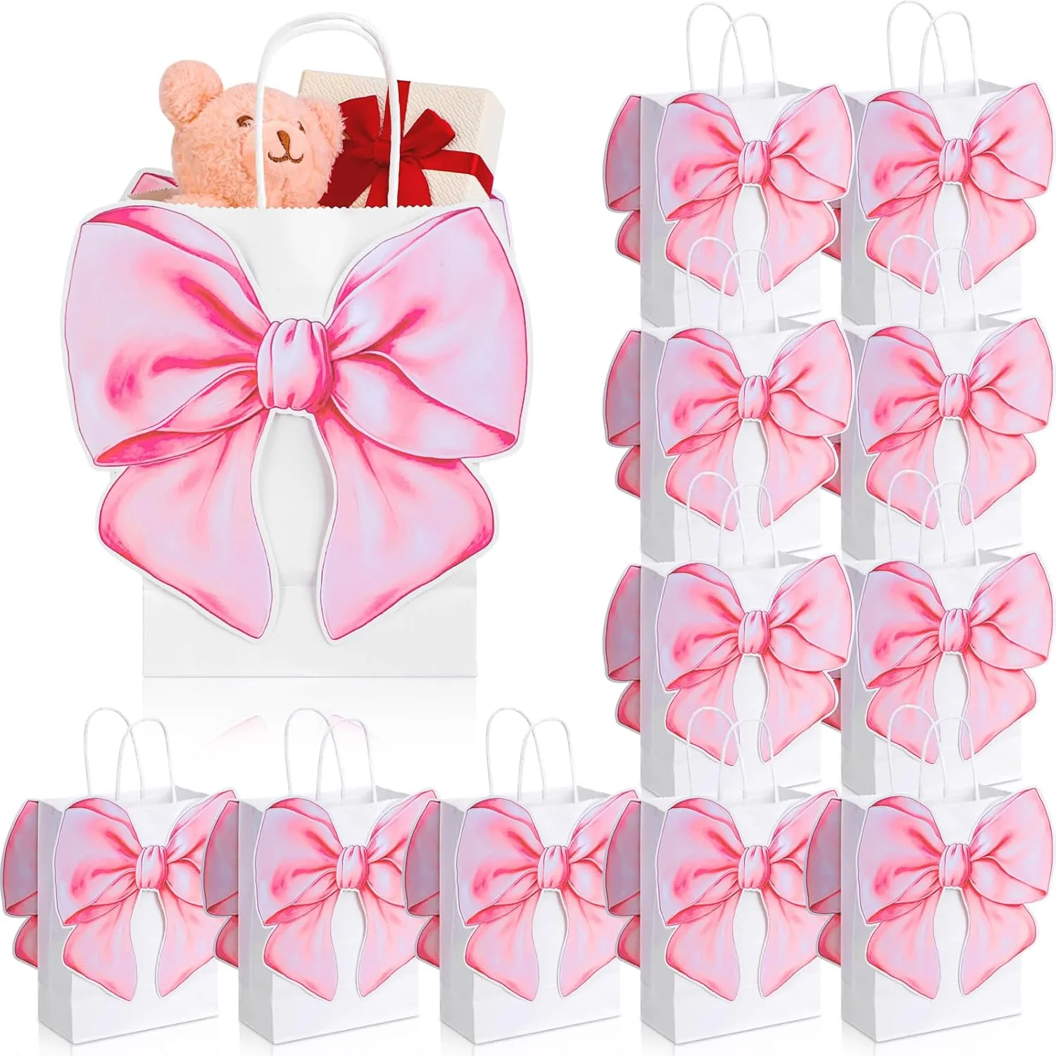 Kolldenn 24 Pack Pink Bow Party Favor Bags with 48 Pcs Paper Cards and Handles for Women Birthday Party, Gift Goody Treat Candy Bags for Bridal Engagement Supplies