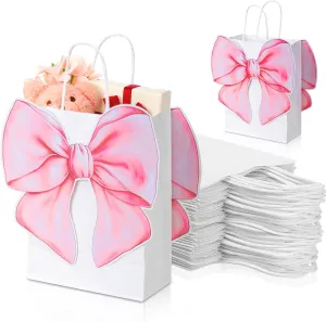 Kolldenn 24 Pack Pink Bow Party Favor Bags with 48 Pcs Paper Cards and Handles for Women Birthday Party, Gift Goody Treat Candy Bags for Bridal Engagement Supplies