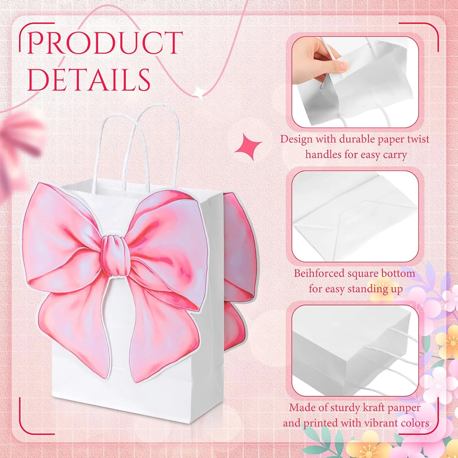 Kolldenn 24 Pack Pink Bow Party Favor Bags with 48 Pcs Paper Cards and Handles for Women Birthday Party, Gift Goody Treat Candy Bags for Bridal Engagement Supplies
