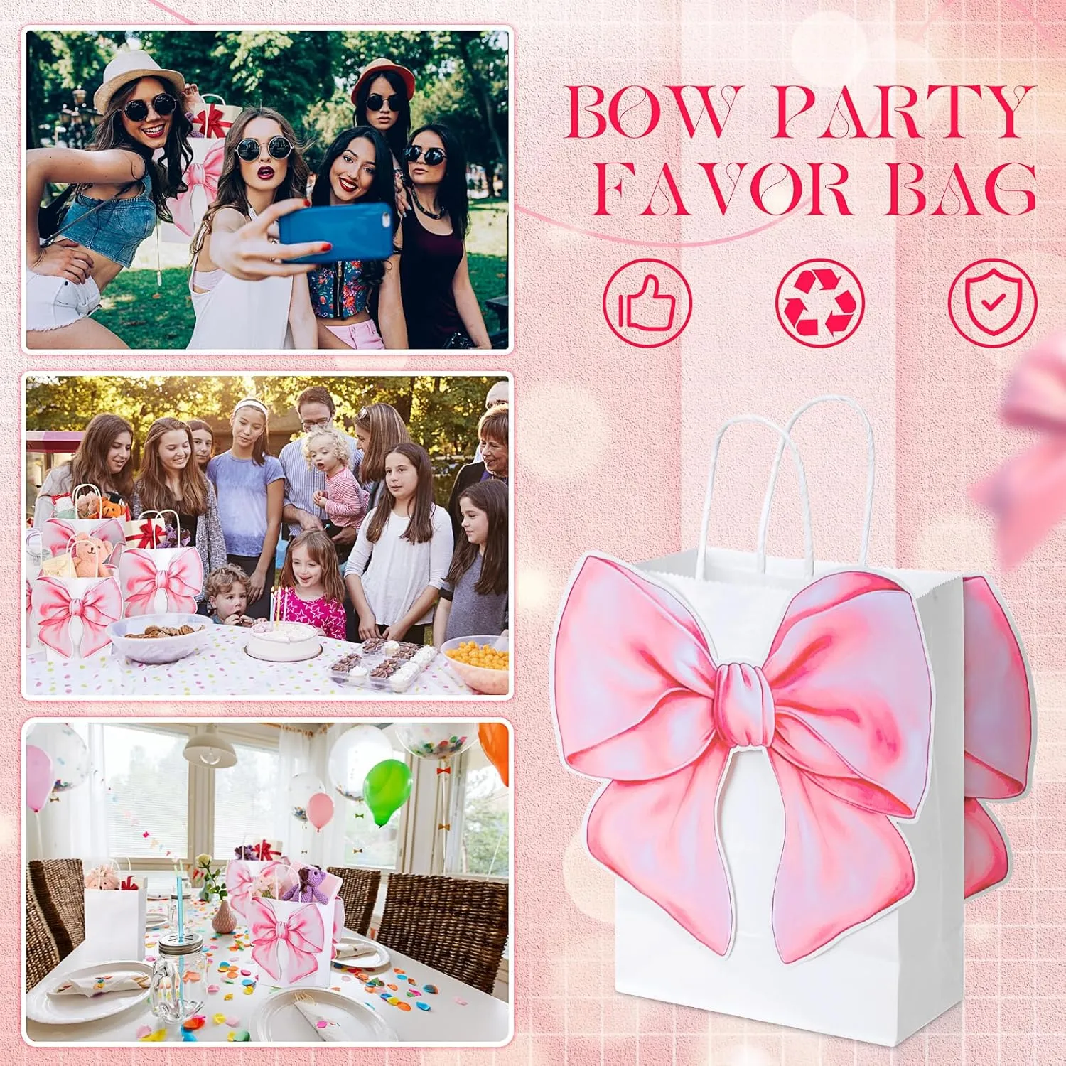 Kolldenn 24 Pack Pink Bow Party Favor Bags with 48 Pcs Paper Cards and Handles for Women Birthday Party, Gift Goody Treat Candy Bags for Bridal Engagement Supplies