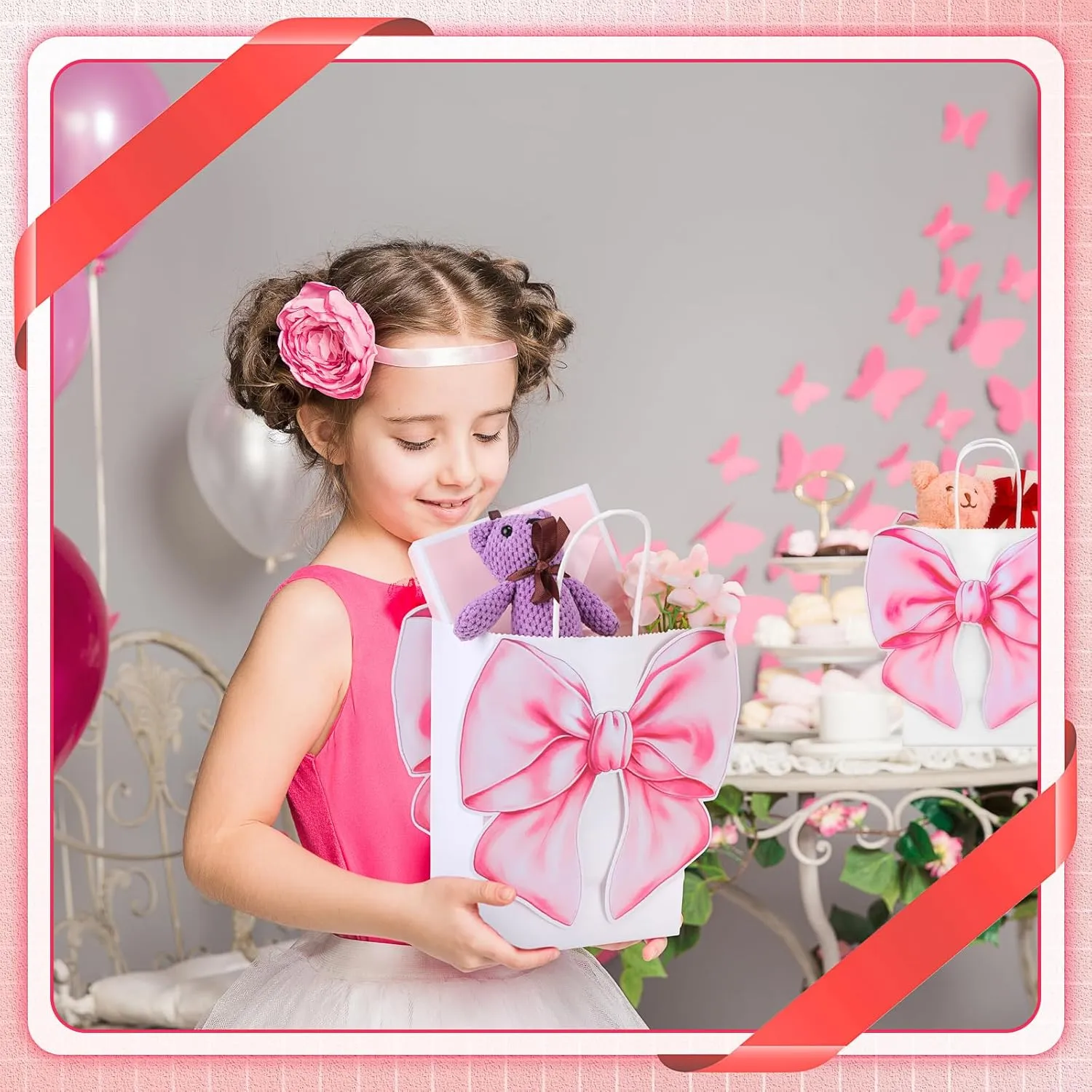 Kolldenn 24 Pack Pink Bow Party Favor Bags with 48 Pcs Paper Cards and Handles for Women Birthday Party, Gift Goody Treat Candy Bags for Bridal Engagement Supplies
