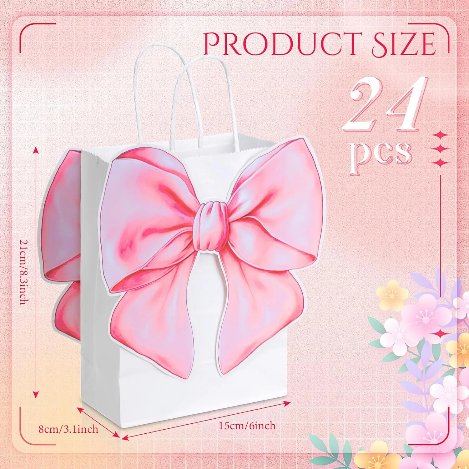Kolldenn 24 Pack Pink Bow Party Favor Bags with 48 Pcs Paper Cards and Handles for Women Birthday Party, Gift Goody Treat Candy Bags for Bridal Engagement Supplies