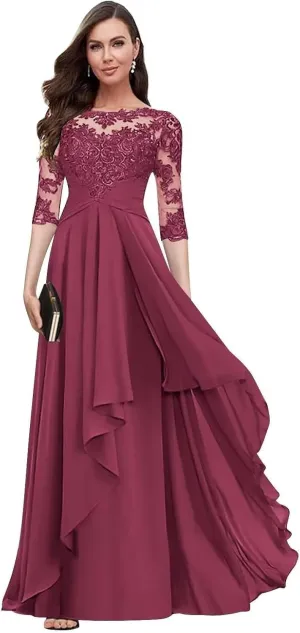 Lace Applique Mother of The Bride Dresses with 3/4 Sleeve Empire Waist Ruched Chiffon Formal Dresses for Wedding Guest