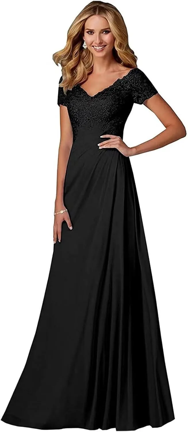 Lace Appliques Mother of Bride Dresses for Wedding A-Line Long Formal Evening Party Gowns for Women with Sleeves