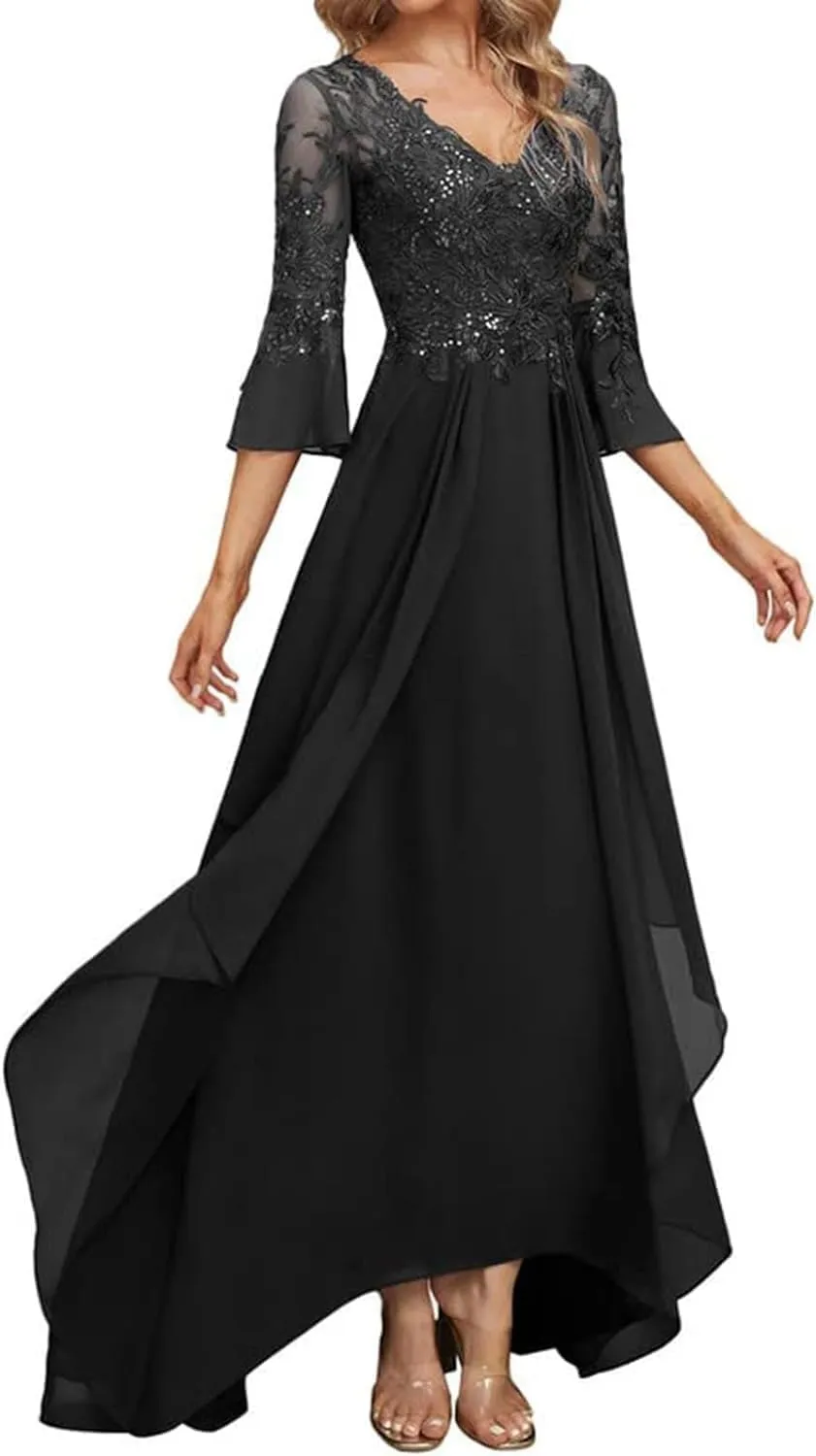 Lace Appliques Mother of The Bride Dresses for Wedding 3/4 Sleeve V Neck Chiffon Formal Evening Gowns