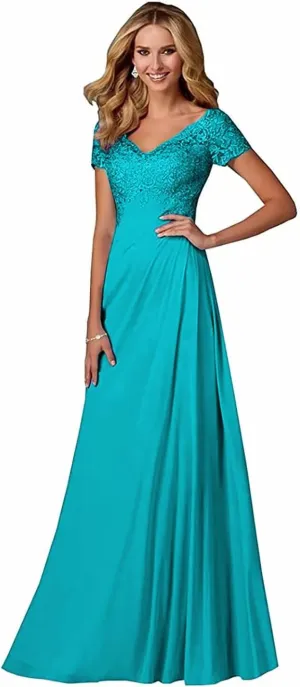 Lace Appliques Mother of The Bride Dresses for Wedding V-Neck Chiffon Long Formal Evening Gowns with Sleeve