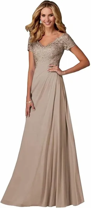 Lace Appliques Mother of The Bride Dresses for Wedding V-Neck Chiffon Long Formal Evening Gowns with Sleeve