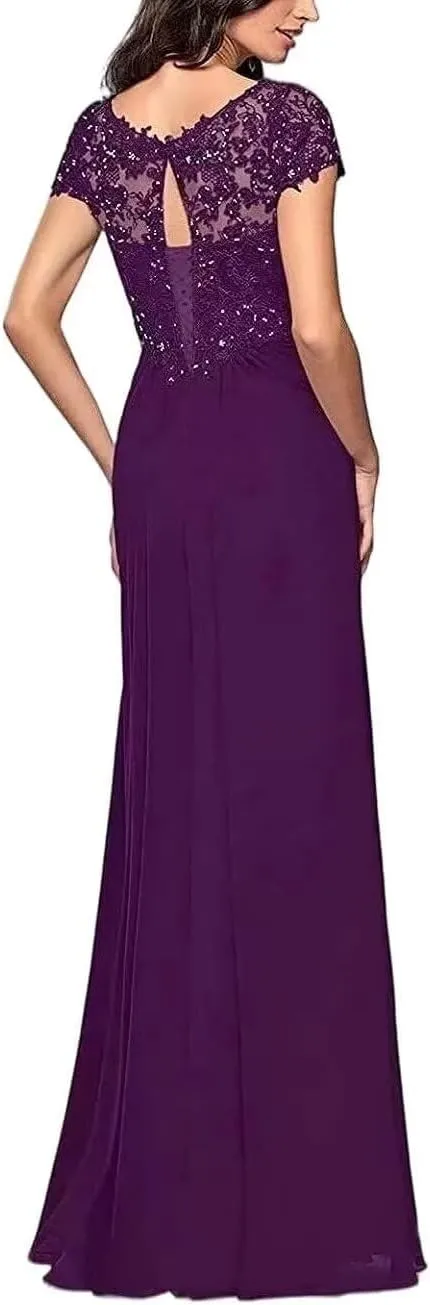 Lace Appliques Mother of The Bride Dresses for Wedding V-Neck Chiffon Long Formal Evening Gowns with Sleeve