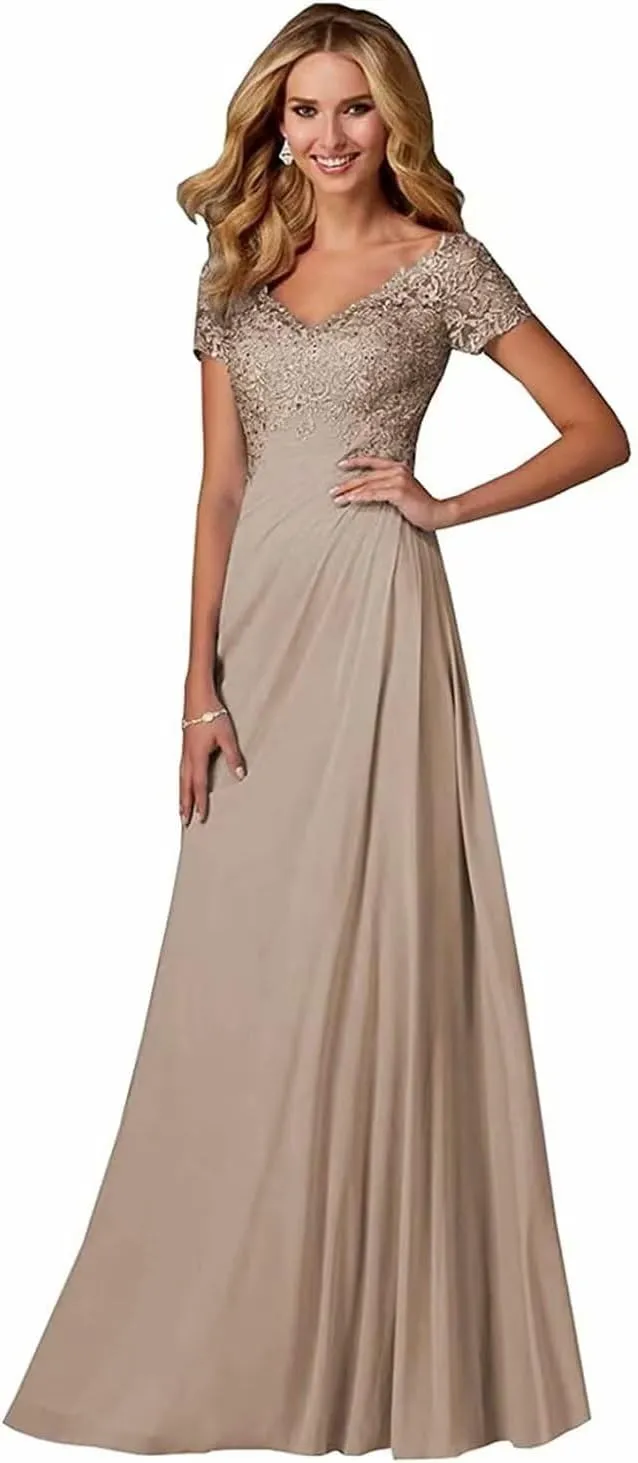 Lace Appliques Mother of The Bride Dresses for Wedding V-Neck Chiffon Long Formal Evening Gowns with Sleeve