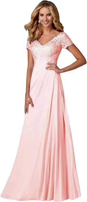 Lace Appliques Mother of The Bride Dresses for Wedding V-Neck Chiffon Long Formal Evening Gowns with Sleeve