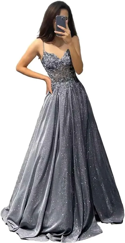 lace Appliques Prom Dresses 2024 Spaghetti Straps a-line Dresses for Women 2024 with Pocket