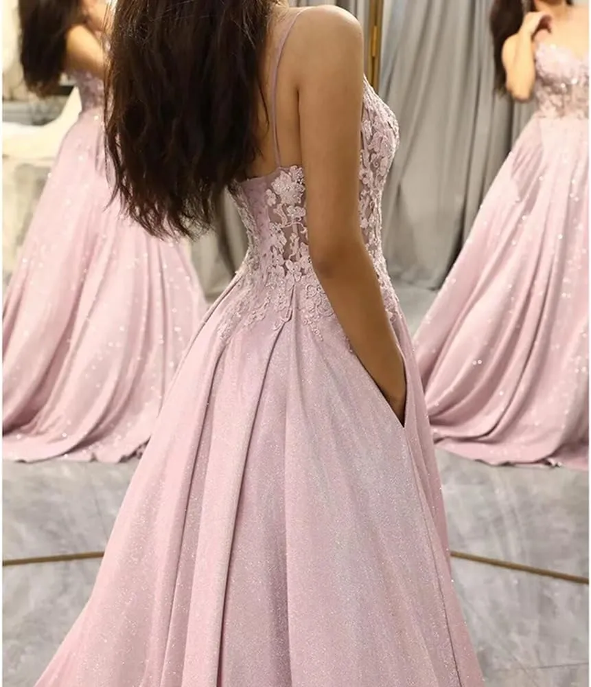 lace Appliques Prom Dresses 2024 Spaghetti Straps a-line Dresses for Women 2024 with Pocket
