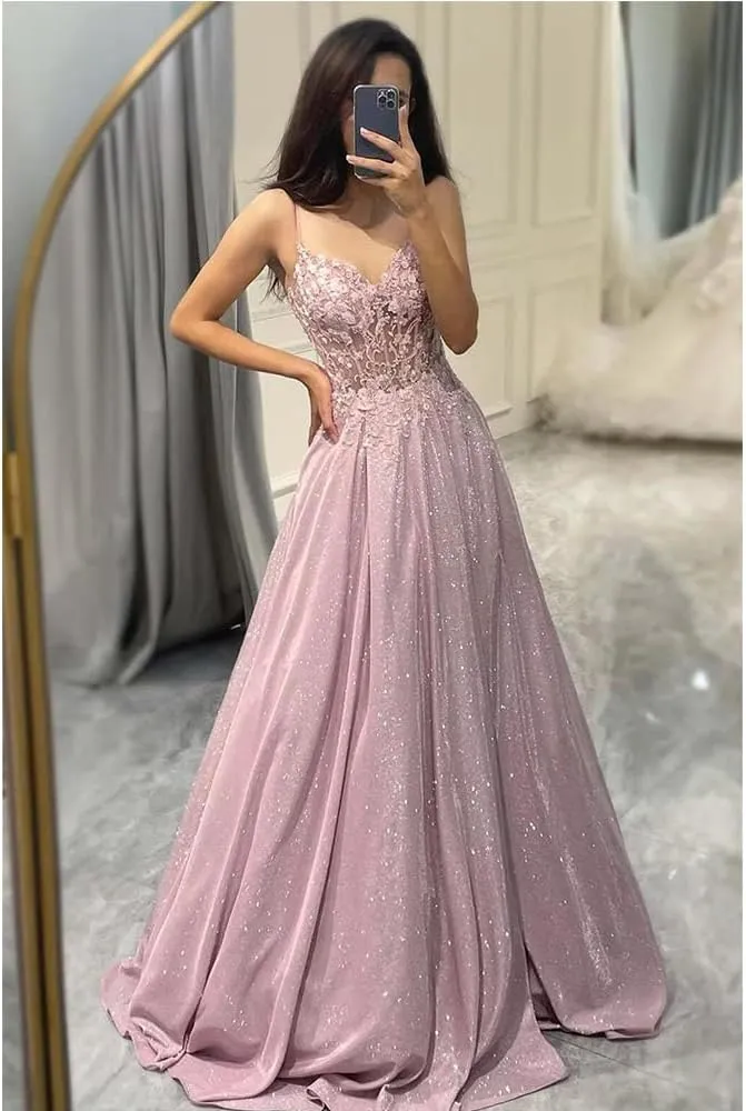lace Appliques Prom Dresses 2024 Spaghetti Straps a-line Dresses for Women 2024 with Pocket