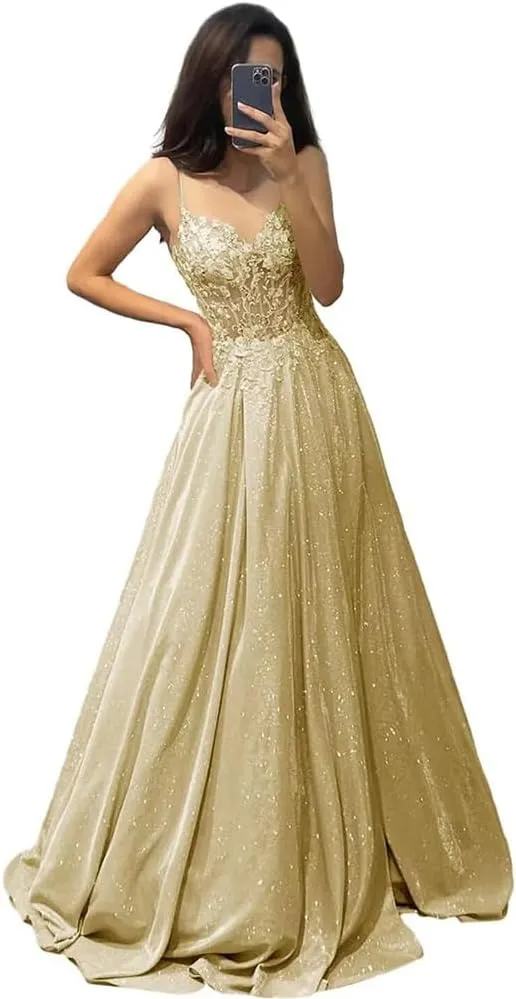 lace Appliques Prom Dresses 2024 Spaghetti Straps a-line Dresses for Women 2024 with Pocket