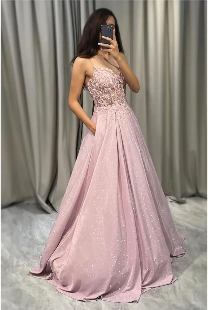 lace Appliques Prom Dresses 2024 Spaghetti Straps a-line Dresses for Women 2024 with Pocket