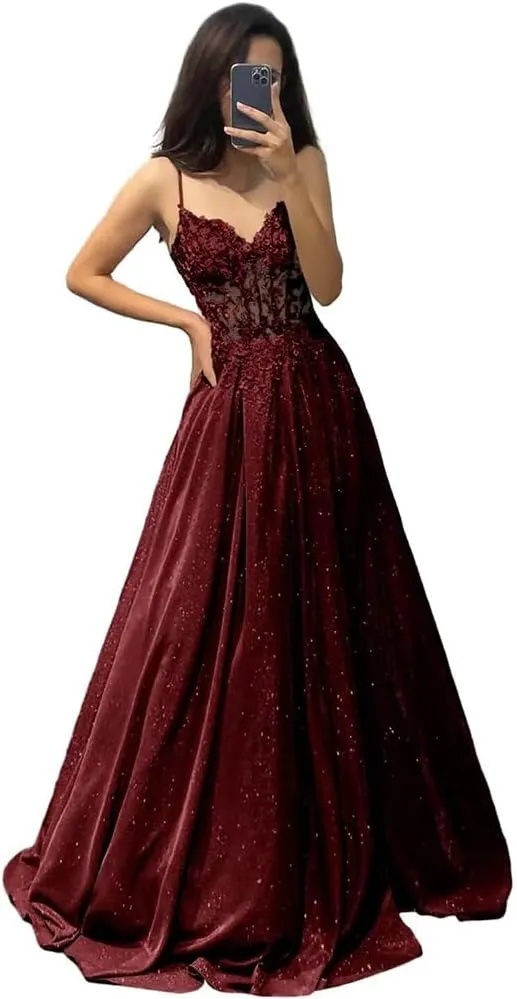 lace Appliques Prom Dresses 2024 Spaghetti Straps a-line Dresses for Women 2024 with Pocket