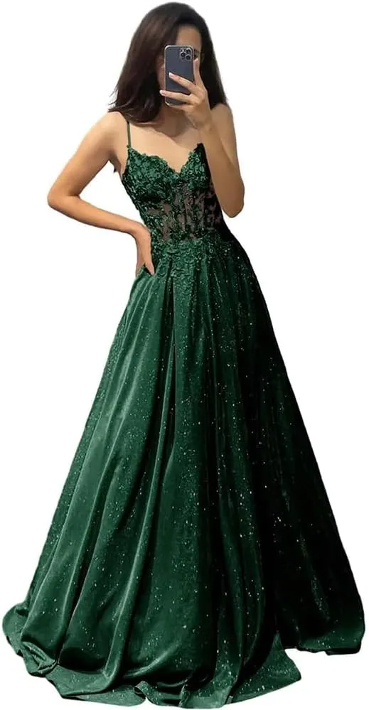 lace Appliques Prom Dresses 2024 Spaghetti Straps a-line Dresses for Women 2024 with Pocket