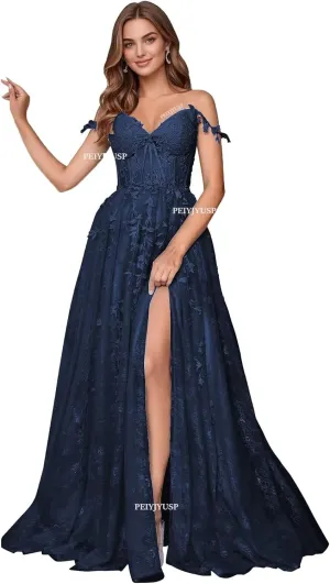 Lace Appliques Prom Dresses for Women Tulle Wedding Dress Long Ball Gown Homecoming Dresses with Split