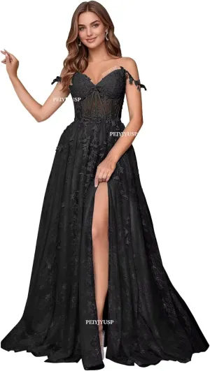 Lace Appliques Prom Dresses for Women Tulle Wedding Dress Long Ball Gown Homecoming Dresses with Split