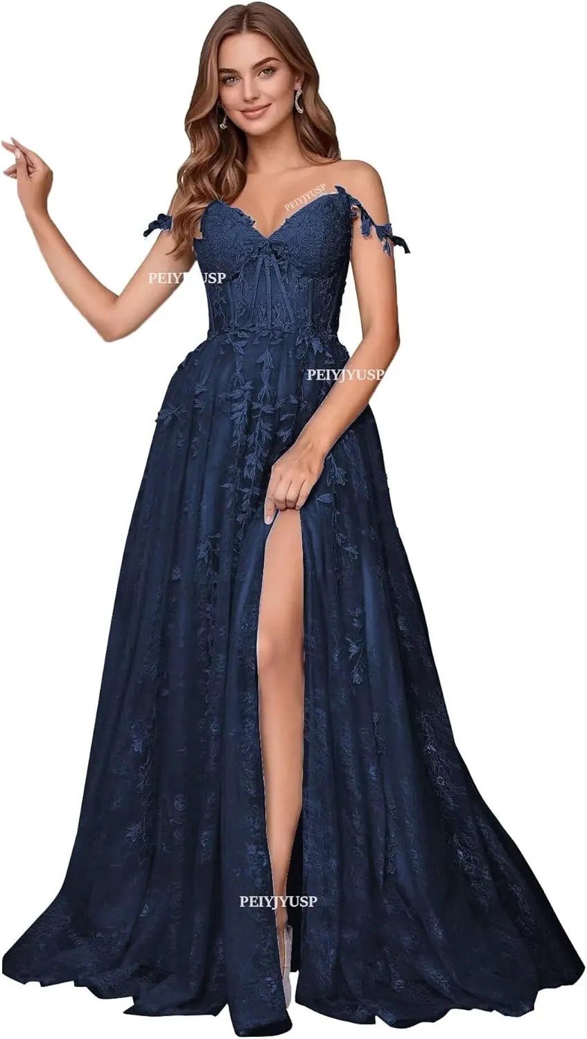 Lace Appliques Prom Dresses for Women Tulle Wedding Dress Long Ball Gown Homecoming Dresses with Split