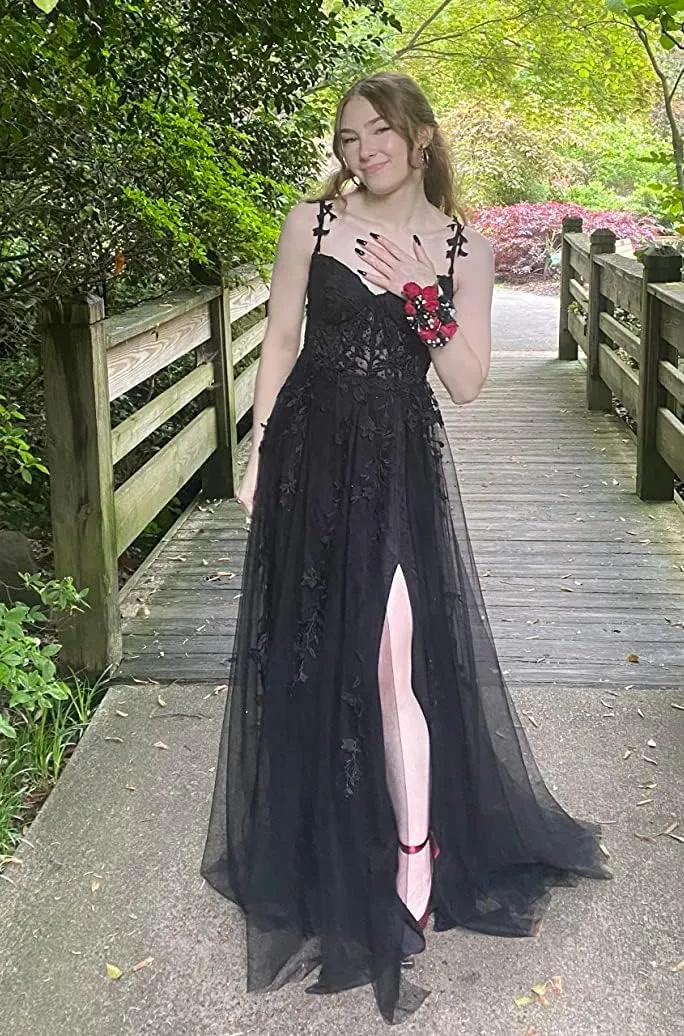 Lace Appliques Prom Dresses for Women Tulle Wedding Dress Long Ball Gown Homecoming Dresses with Split