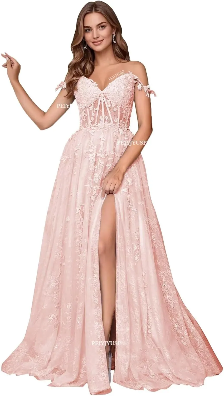 Lace Appliques Prom Dresses for Women Tulle Wedding Dress Long Ball Gown Homecoming Dresses with Split