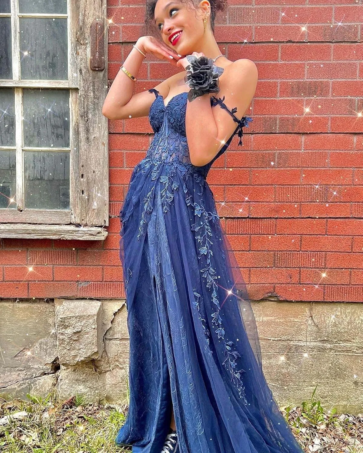 Lace Appliques Prom Dresses for Women Tulle Wedding Dress Long Ball Gown Homecoming Dresses with Split