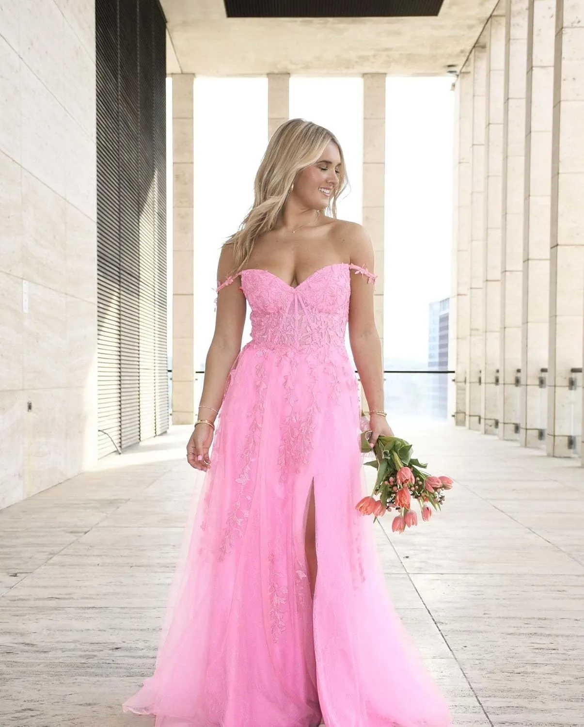 Lace Appliques Prom Dresses for Women Tulle Wedding Dress Long Ball Gown Homecoming Dresses with Split