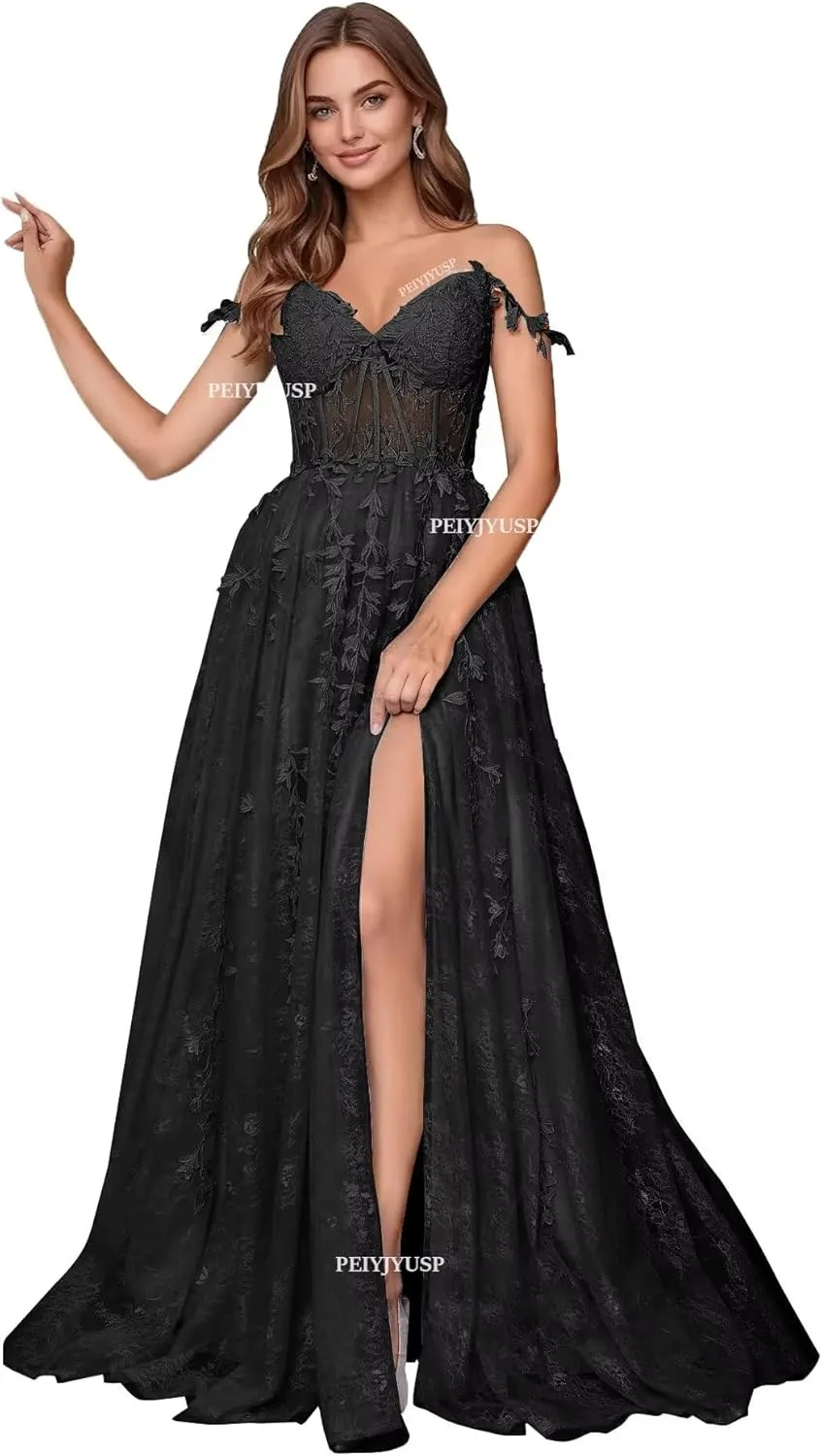 Lace Appliques Prom Dresses for Women Tulle Wedding Dress Long Ball Gown Homecoming Dresses with Split