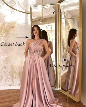 Lace Appliques Satin Prom Dress Long with Slit for Women 2025 One Shoulder Formal Evening Gown with Pockets