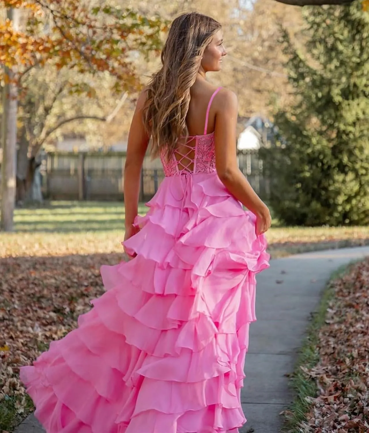 Lace Appliques Tiered Prom Dresses with Slit 2025 Spaghetti Strap Corset Ruffle Chiffon Formal Evening Gowns