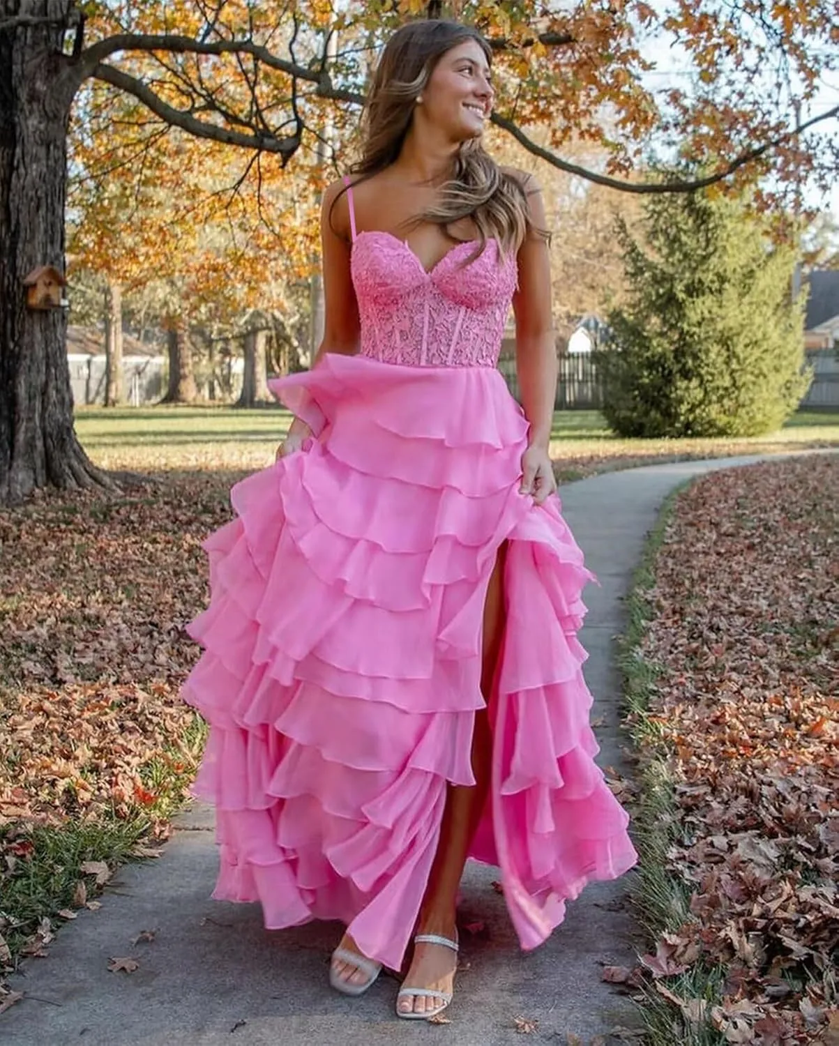 Lace Appliques Tiered Prom Dresses with Slit 2025 Spaghetti Strap Corset Ruffle Chiffon Formal Evening Gowns