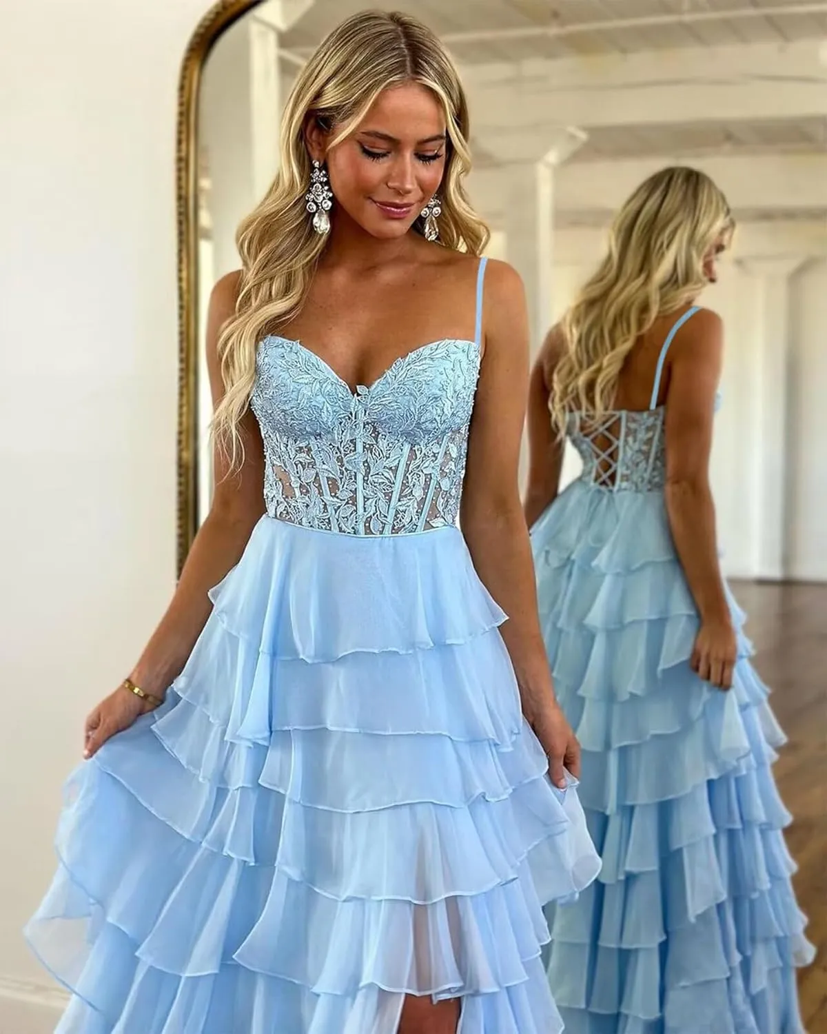 Lace Appliques Tiered Prom Dresses with Slit 2025 Spaghetti Strap Corset Ruffle Chiffon Formal Evening Gowns